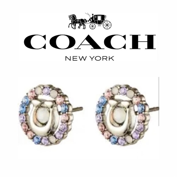 NEW COACH Signature Multicolor Crystal Stud Earrings In Silver / Blue - Picture 1 of 11